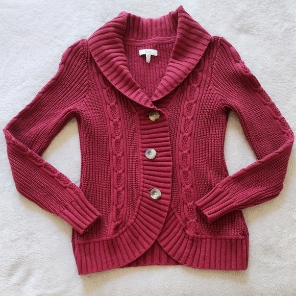 G.H. Bass Maroon Cable Knit Rounded Front Hem Cardigan Sz M - Picture 2 of 14